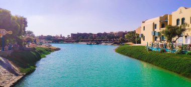 Göl kenarında güneşli bir gün, göl manzaralı renkli çiçeklerle yaz ortası.