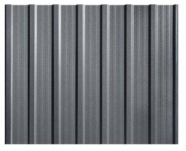 Düz çatı tablosu beyaz arka planda izole edilmiş. Galvanize çelik kıvrımlı profil. Çatı, ev ve duvar kaplamaları için çizgili ve kaburgalı dikişli metal çatı paneli.