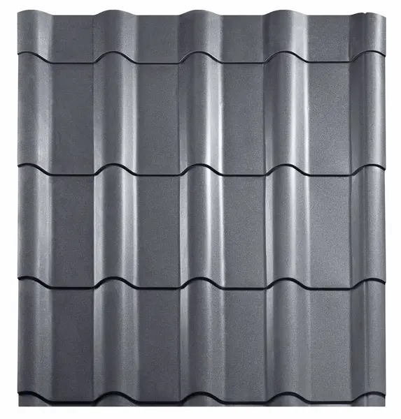 stock image Modular tile effect roof panel. Lightweight galvanised steel roofing sheet isolated on white background. Traditional metal shingle tiles. Popular profiled metallic pantile mimic clay or concrete slate