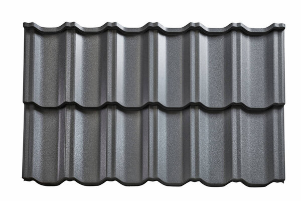 Modular tile effect roof panel. Lightweight galvanised steel roofing sheet isolated on white background. Traditional metal shingle tiles. Popular profiled metallic pantile mimic clay or concrete slate