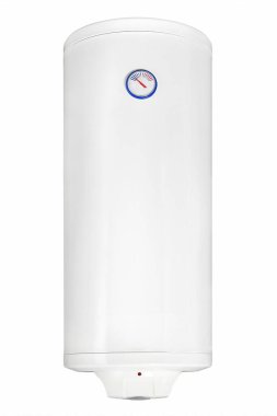 Large regular household budget water heater. Big modern tanked combination boiler. Common electric storage tank water heater. Conventional Energy-efficient home heating system on white background clipart