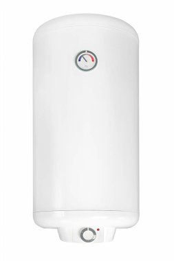 Large regular household budget water heater. Big modern tanked combination boiler. Common electric storage tank water heater. Conventional Energy-efficient home heating system on white background clipart