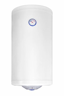 Büyük ev bütçeli su ısıtıcısı. Büyük, modern bir kombinasyon kazanı. Yaygın elektrik depolama tankı su ısıtıcısı. Beyaz arka planda geleneksel enerji-verimli ev ısıtma sistemi