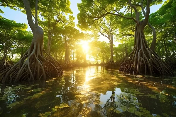 Mangrove forest at sunrise.Mangrove forest view.Wild jungle and river.Generative AI Photo