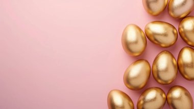 Pastel pembe arka planda Paskalya yumurtası. Tatil konsepti. Kopya alanı olan mutlu Paskalya kartları. Duvar kağıtları, el ilanları, davetiyeler, posterler, broşürler, afişler..