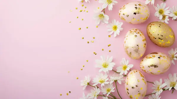 Oeufs Dorés Pâques Sur Fond Rose Pastel Concept Vacances Joyeux — Photo