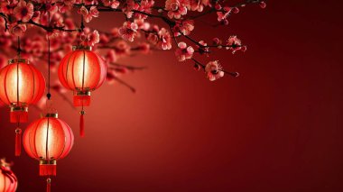 Arka planda fotokopi alanı olan Çin fenerleri. 2024 mutlu Çin yılbaşı kutlaması konsepti, kiraz ağacı çiçeğiyle..