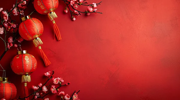 Čínské Lucerny Červeném Pozadí Kopírovacím Prostorem 2024 Šťastný Čínský Nový — Stock fotografie