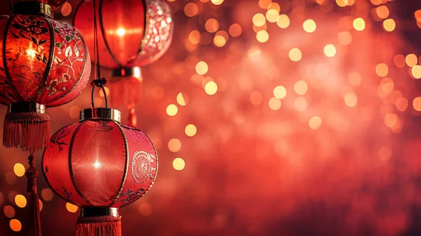 Lanternes Chinoises Sur Paillettes Fond Lumières Bokeh Avec Espace Copie — Photo