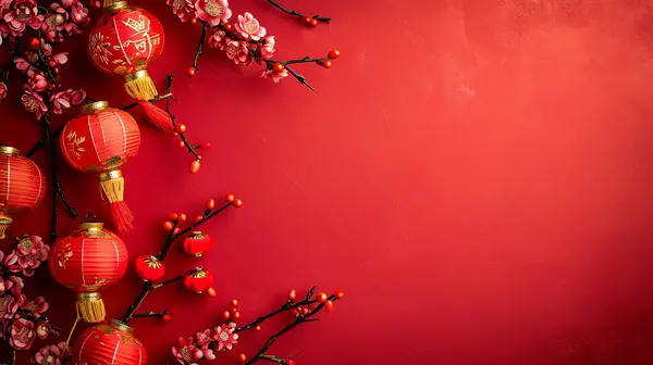 Chinese Lantaarns Rode Achtergrond Met Kopieerruimte 2024 Gelukkig Chinees Nieuwjaarsfeest — Stockfoto