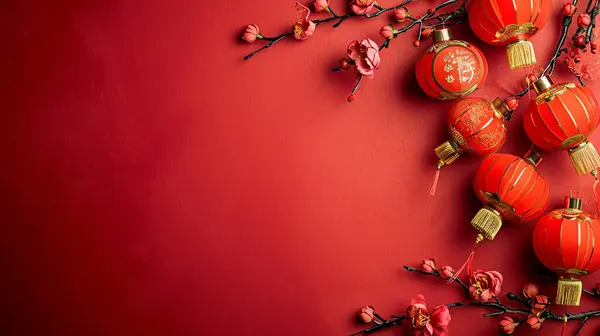 Linternas Chinas Sobre Fondo Rojo Con Espacio Copia 2024 Feliz — Foto de Stock