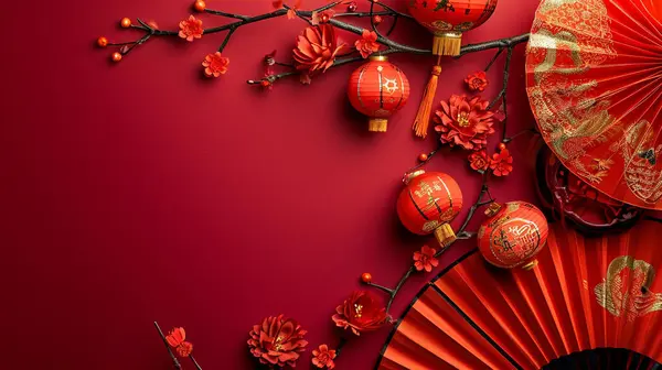 Lanterne Cinesi Ventaglio Mano Ombrello Cinese Sfondo Con Spazio Copia — Foto Stock