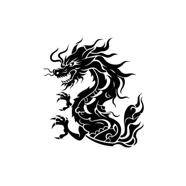 Traditionell Kinesisk Drake Svart Siluett Ikon Isolerad Vit Bakgrund Astrologi — Stock vektor