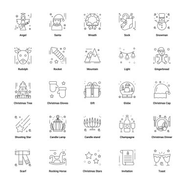 Noel ve Yeni Yıl çizgileri simgeleri hazır. Vektör illüstrasyonları.