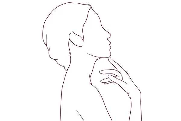 Όμορφο Κορίτσι Αγγίξει Πηγούνι Της Ζωγραφισμένα Χέρι Στυλ Διανυσματική Απεικόνιση — Διανυσματικό Αρχείο