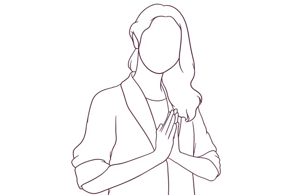 Femme Affaires Fait Geste Bonjour Illustration Vectorielle Style Dessinée Main — Image vectorielle