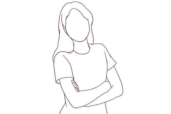 Vacker Flicka Med Korsade Armar Hand Dras Stil Vektor Illustration — Stock vektor
