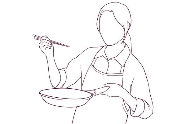 Schöne Mädchen Kochen Hand Gezeichnet Stil Vektor Illustration — Stockvektor