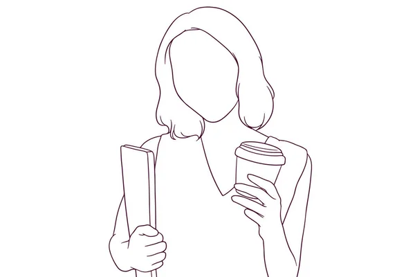 Affärskvinna Innehav Coffe Hand Dras Stil Vektor Illustration — Stock vektor