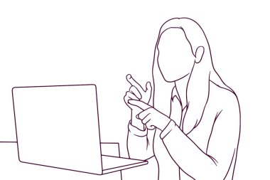 İş kadını video konferansında iş konuşuyor. Online video konferansı ve dijital toplantı konsepti. el çizimi biçim vektör illüstrasyonu