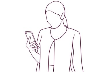 Telefon eline bakan iş kadını çizim stili illüstrasyonu