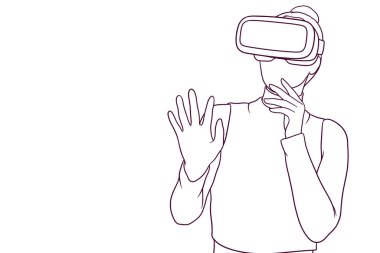 Genç kız sanal gerçeklik deneyimi sırasında şaşırdı. Teknoloji konsepti. el çizimi biçim vektör illüstrasyonu