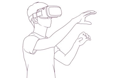 Sanal gerçeklik kulaklığı kullanan genç adam el çizimi biçim vektör çizimi