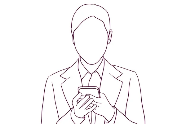 Bela Empresária Usando Telefone Mão Desenhada Estilo Vetor Ilustração — Vetor de Stock