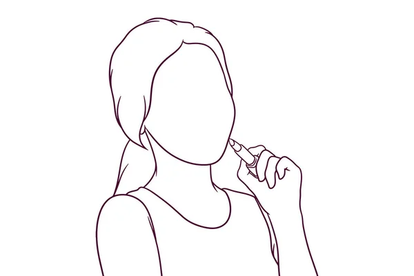 Beautiful Girl Hold Lipstick Hand Drawn Style Vector Illustration — Stock Vector