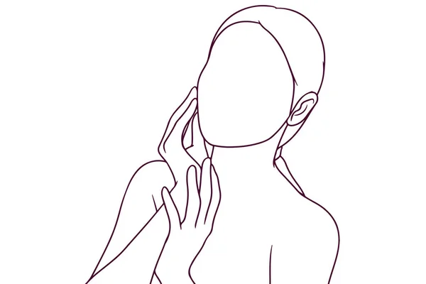 Menina Bonita Tocar Seu Rosto Mão Desenhada Estilo Vetor Ilustração — Vetor de Stock