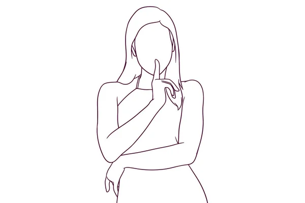 Όμορφη Γυναίκα Που Δείχνει Σιωπηλή Χειρονομία Ζωγραφισμένο Στο Χέρι Στυλ — Διανυσματικό Αρχείο