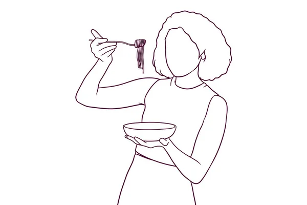 Μια Όμορφη Γυναίκα Τρώει Νουντλ Ζωγραφισμένο Στο Χέρι Στυλ Διανυσματική — Διανυσματικό Αρχείο