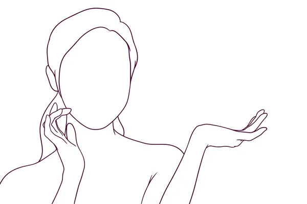 Belle Femme Avec Paume Ouverte Dessinée Main Illustration Vectorielle Style — Image vectorielle