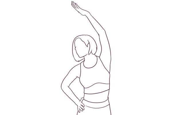美しい女性が腰を伸ばしている 健康的な生活の概念 手描きスタイルベクトルイラスト — ストックベクタ