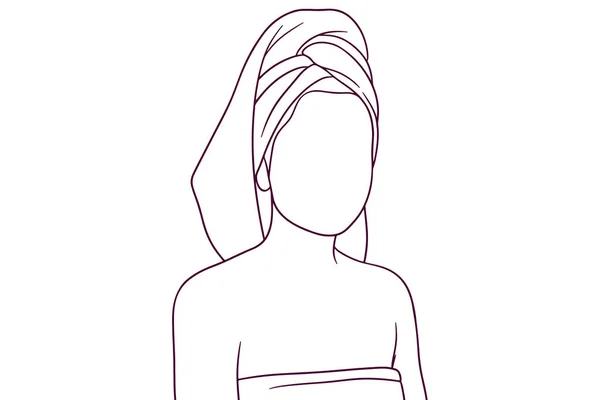 Vacker Kvinna Med Handduk Huvudet Skönhetskoncept Handritad Stil Vektor Illustration — Stock vektor