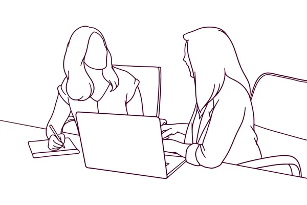 Business Womann Teamworking Laptop Συνάντηση Στο Γραφείο — Διανυσματικό Αρχείο