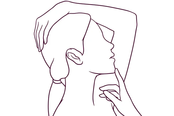 Όμορφη Γυναίκα Αγγίξει Πρόσωπό Της Ζωγραφισμένα Χέρι Στυλ Διανυσματική Απεικόνιση — Διανυσματικό Αρχείο