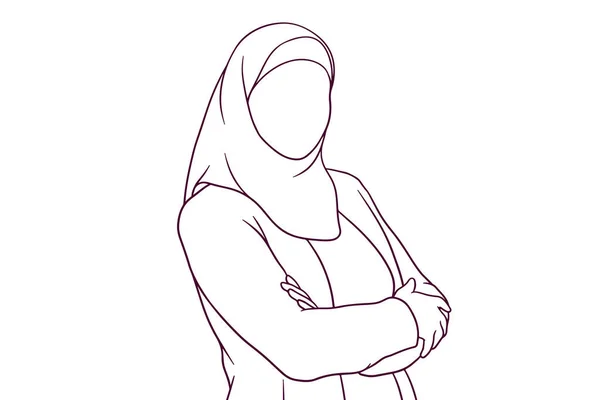 Obchodnice Hidžábu Zkříženýma Rukama Ručně Kreslený Styl Vektorové Ilustrace — Stockový vektor