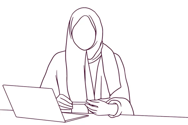 Бизнесвумен Хиджабе Работает Над Ноутбуком Ручной Рисунок Вектора Стиля — стоковый вектор
