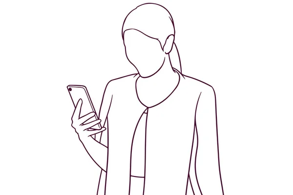 Mujer Negocios Mirando Teléfono Dibujado Mano Estilo Vector Ilustración — Vector de stock