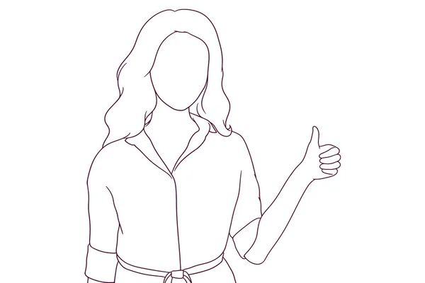 Affärskvinna Visar Tummen Upp Handritad Stil Vektor Illustration — Stock vektor