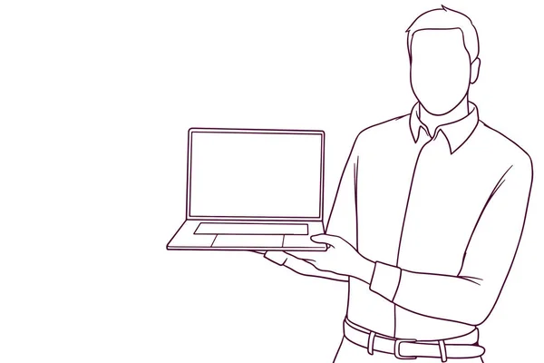 Homem Negócios Enquanto Segurava Laptop Ilustração Vetorial Estilo Desenhado Mão —  Vetores de Stock