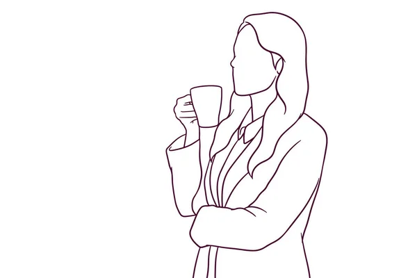 Donna Affari Prendere Una Tazza Caffè Mentre Piedi Illustrazione Vettoriale — Vettoriale Stock