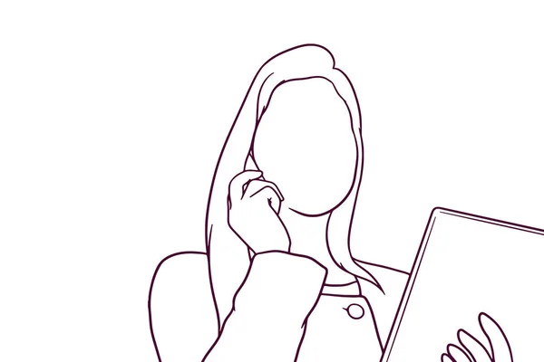 Kadını Tablet Kullanırken Telefonda Konuşuyor Çizimi Biçim Vektör Illüstrasyonu — Stok Vektör