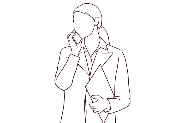 クリップボードを持ちながら電話で話してるビジネスマン 手描きスタイルベクトルイラスト — ストックベクタ