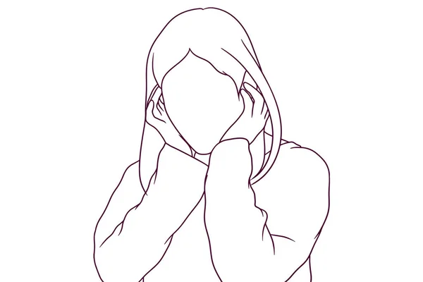 Mulher Deprimida Segura Cabeça Ilustração Vetorial Estilo Desenhado Mão — Vetor de Stock