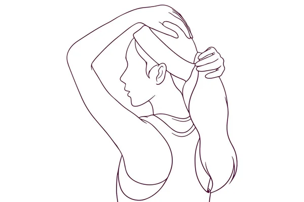 健身女孩拿着她的头发手绘风格矢量插图 — 图库矢量图片