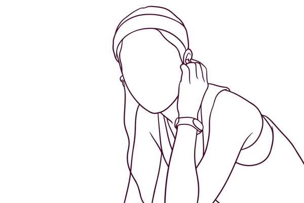 Fitness Girl Listening Music Hand Drawn Style Vector Illustration — Stock Vector