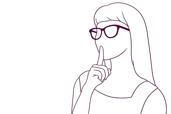 Menina Com Óculos Mostrando Silêncio Gesto Mão Desenhada Estilo Vetor — Vetor de Stock