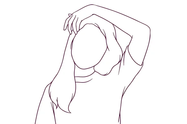 Kız Elini Kaldır Başını Tut Çizilmiş Biçim Çizimi — Stok Vektör